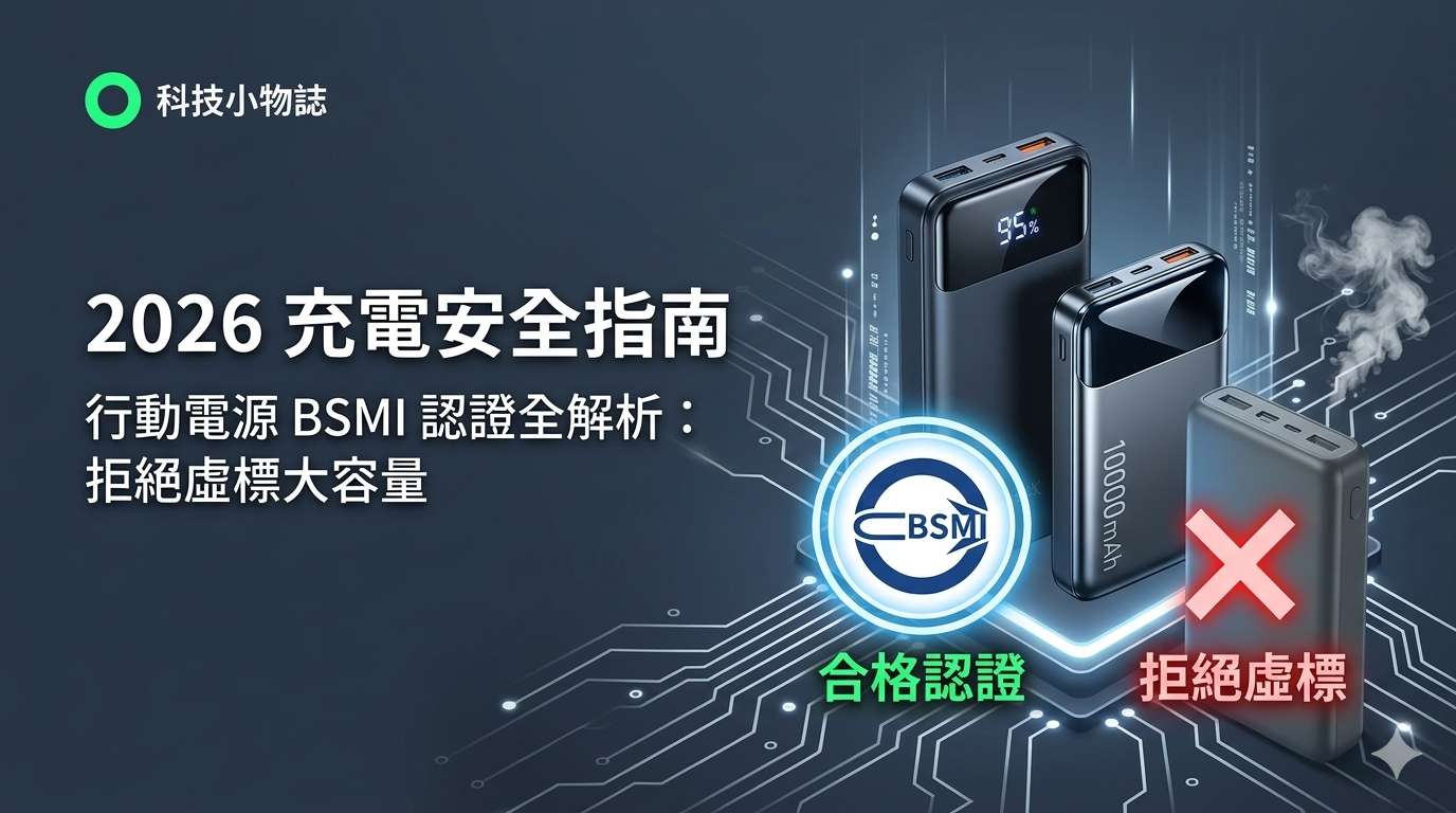 2026年行動電源BSMI認證辨識圖示，左側為合格標章，右側為虛標警告，背景為電路圖設計。